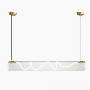 Attalea linear LED pendant chandelier with copper hardware displayed on white background, showing sculptural wavy light design