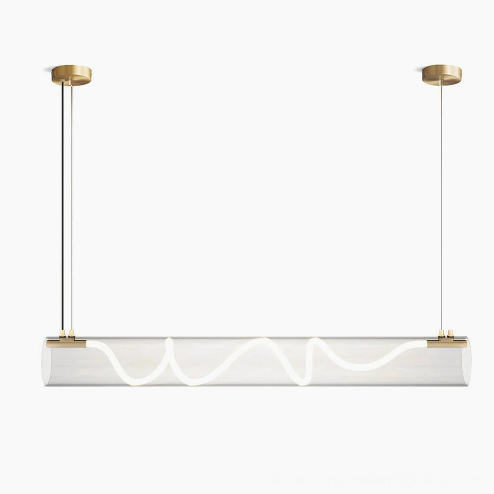 Attalea linear LED pendant chandelier with copper hardware displayed on white background, showing sculptural wavy light design