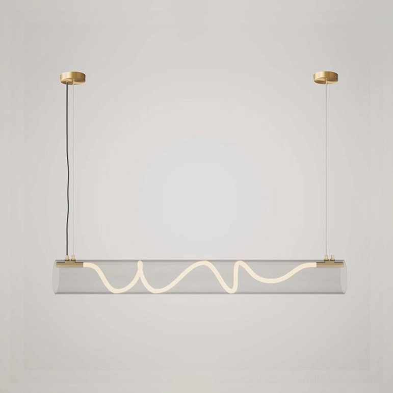 Attalea linear pendant chandelier medium size with copper hardware shown on white studio backdrop