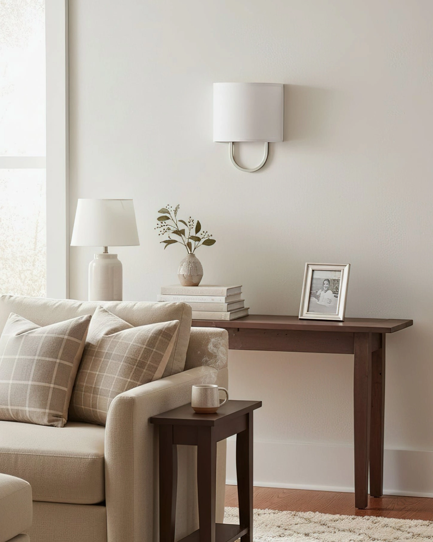 Atticus mid-century modern sconce in cozy neutral living room interior, warm farmhouse home decor setting