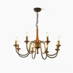 Aubrey 8-arm candelabra chandelier front view with walnut wood column and black curved metal arms on white background