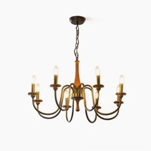 Aubrey 8-arm candelabra chandelier front view with walnut wood column and black curved metal arms on white background