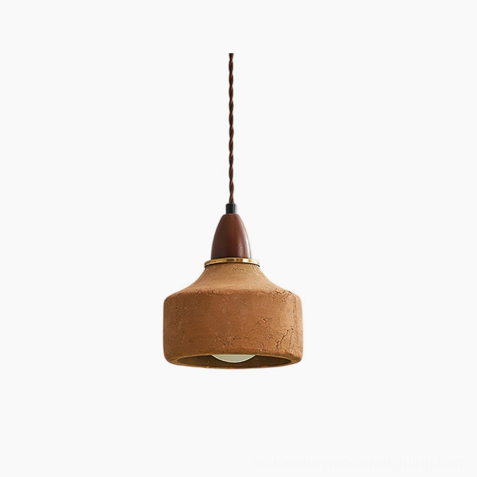 Auburn handcrafted ceramic pendant light with terracotta finish and walnut wood cap, front studio view
