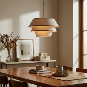Auden pendant light suspended in japandi dining room with warm neutral decor and wooden furniture