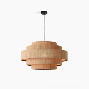 Auden tiered bamboo pendant light, studio top-down view showcasing three cascading conical woven shades and natural bamboo texture detail