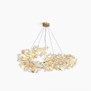 Aurea Art Deco crystal chandelier with polished brass frame and frosted glass, studio front view showcase