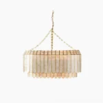 Aurelia capiz shell pendant lamp two-tier design with gold frame on white background, showing iridescent shell panels and scalloped pattern