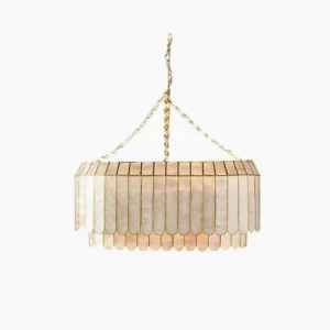 Aurelia capiz shell pendant lamp two-tier design with gold frame on white background, showing iridescent shell panels and scalloped pattern