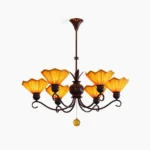 Aurelia 6-light pleated chandelier with yellow glass shades and dark brown metal frame, front studio view showcasing mid-century modern design