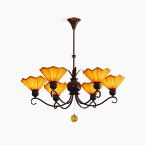 Aurelia 6-light pleated chandelier with yellow glass shades and dark brown metal frame, front studio view showcasing mid-century modern design