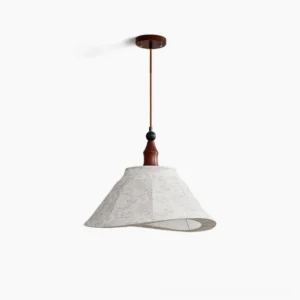 Aurelian mid-century modern pendant light with conical fabric shade and walnut wood body, front view on white background