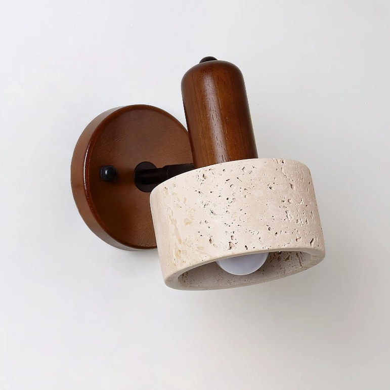 Aureole wall light front three-quarter view with dark walnut wood and black mounting hardware visible