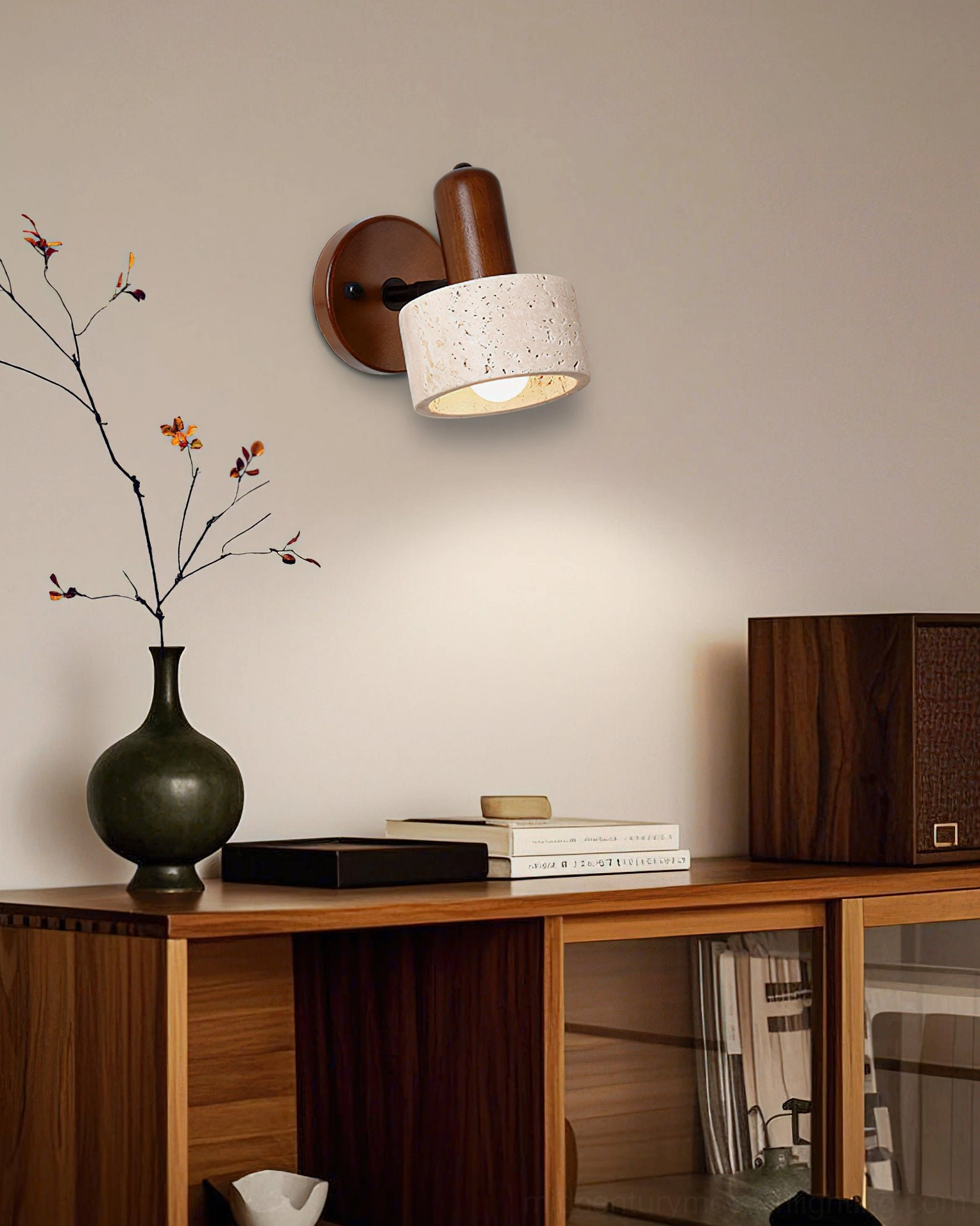 Aureole wall sconce installed in warm home study with wooden cabinet, eye-level perspective