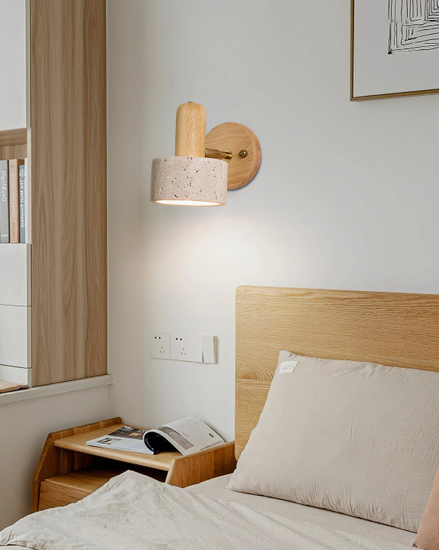 Aureole organic modern wall light in minimalist warm bedroom, distant wall view