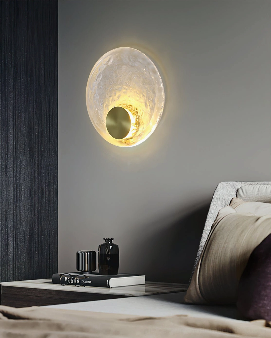 Dark tone minimalist bedroom with Aurum brass wall sconce fixture, neutral bedding, small desk decor, modern interior design