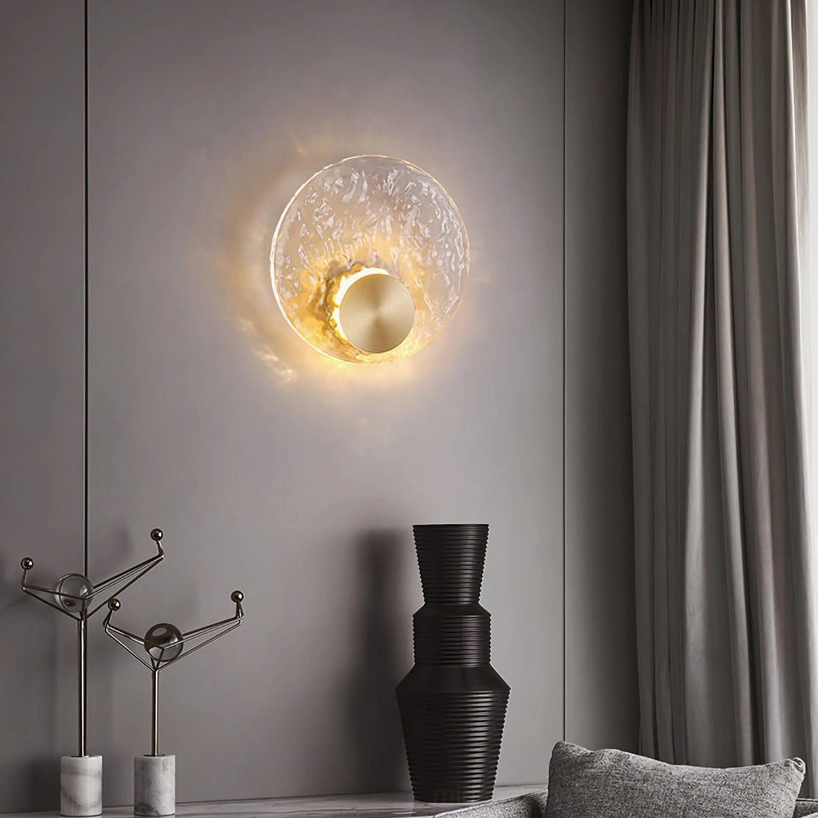 Aurum mid-century modern brass wall sconce with crystal diffuser, contemporary interior lighting solution