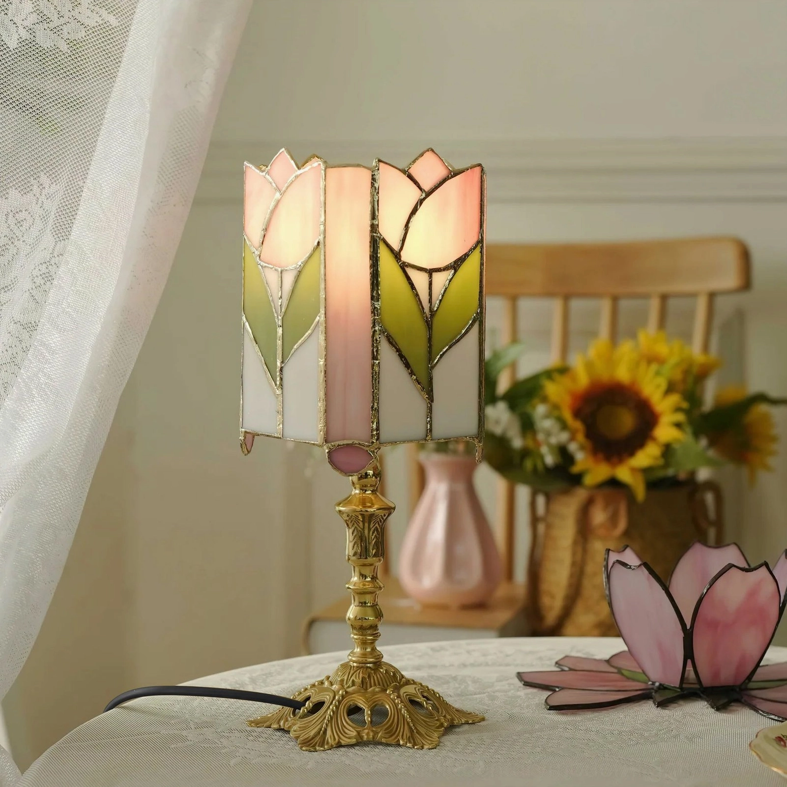 Authentic Tiffany style tulip table lamp with vibrant stained glass and ornamental brass support base