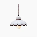 Avalon scalloped ceramic pendant light with white shade and brown trim, front studio view