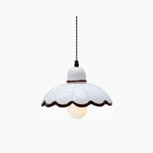 Avalon scalloped ceramic pendant light with white shade and brown trim, front studio view