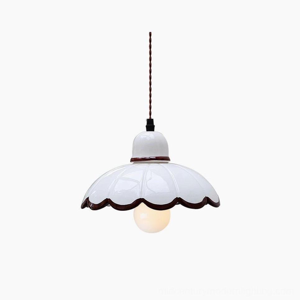 Avalon scalloped ceramic pendant light with white shade and brown trim, front studio view