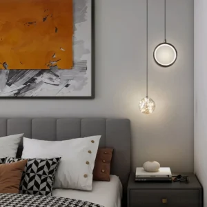 Avalon pendant lamp providing warm ambient lighting in contemporary master bedroom with wall art and neutral decor