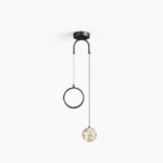 Avalon modern pendant light with dual glass sphere heads and black metal ring frame against white studio background