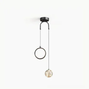 Avalon modern pendant light with dual glass sphere heads and black metal ring frame against white studio background