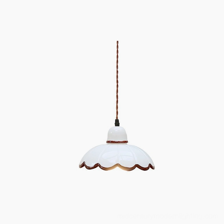 Avalon single pendant light white ceramic scalloped shade brown trim