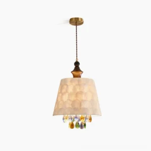 Avery capiz shell pendant lamp with layered natural shells and multi-colored crystal teardrop accents, front view on white background