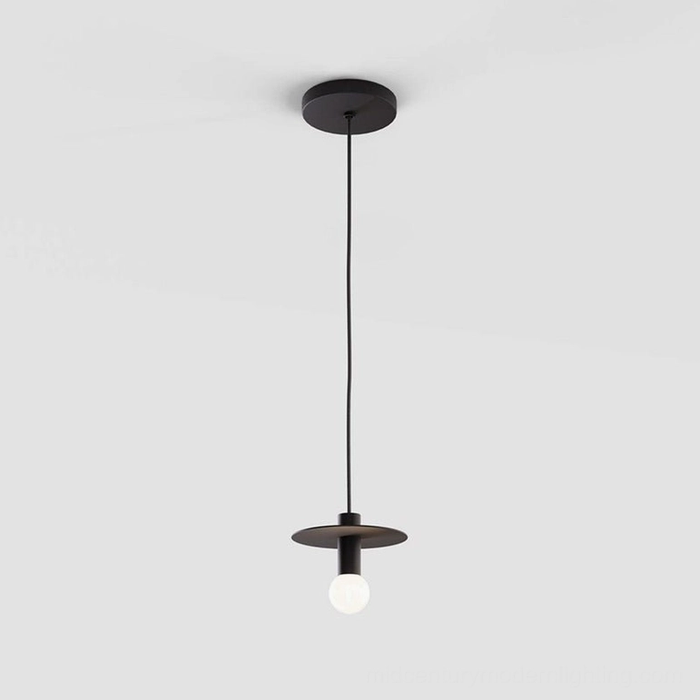 Avida black minimalist disc pendant light fixture with exposed bulb and field-adjustable cable mounting