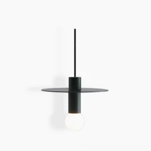 Avida minimalist disc pendant lamp in matte black with exposed LED bulb, frontal studio view showcasing mid-century modern design