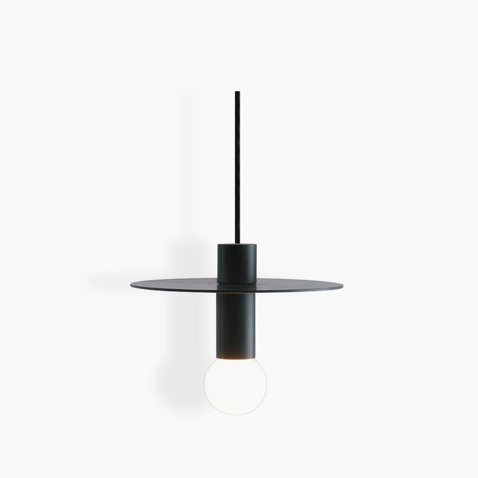 Avida minimalist disc pendant lamp in matte black with exposed LED bulb, frontal studio view showcasing mid-century modern design