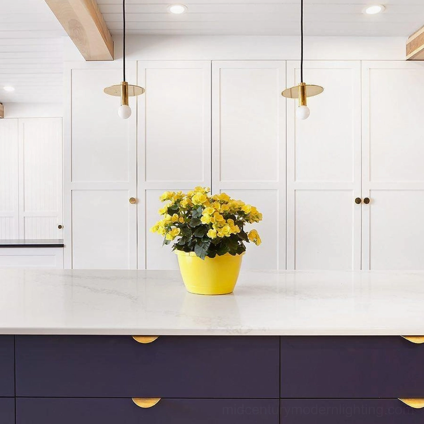 Matching Avida brass disc pendants illuminating modern white kitchen with minimalist styling and yellow flower arrangement