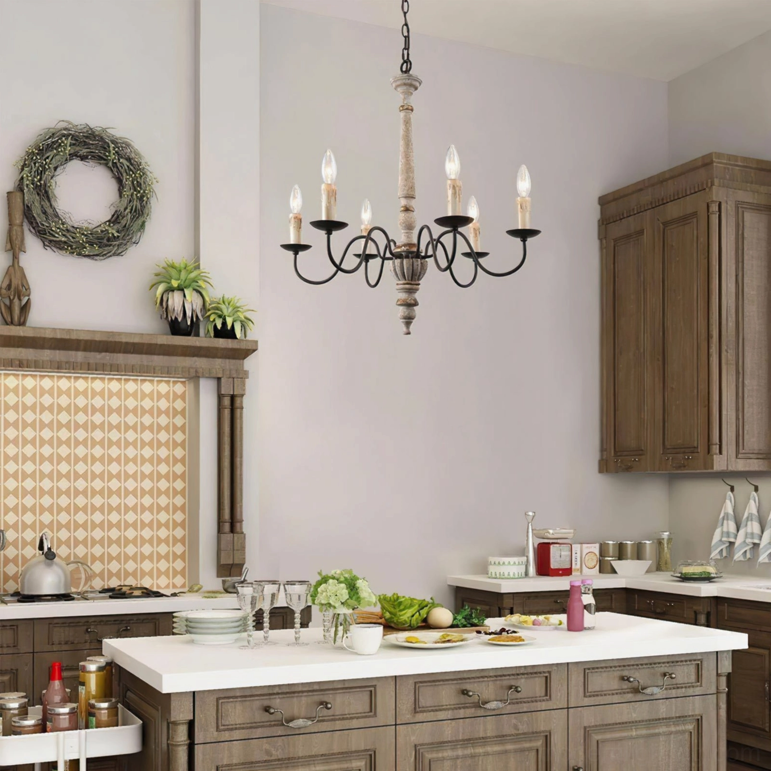 Avignon farmhouse chandelier in rustic kitchen interior paired with wooden cabinetry and warm neutral décor, wide room view