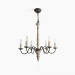 Avignon 6-light farmhouse chandelier with distressed whitewashed wood post and black curved metal arms, studio front view