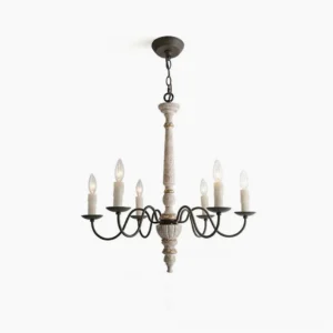 Avignon 6-light farmhouse chandelier with distressed whitewashed wood post and black curved metal arms, studio front view