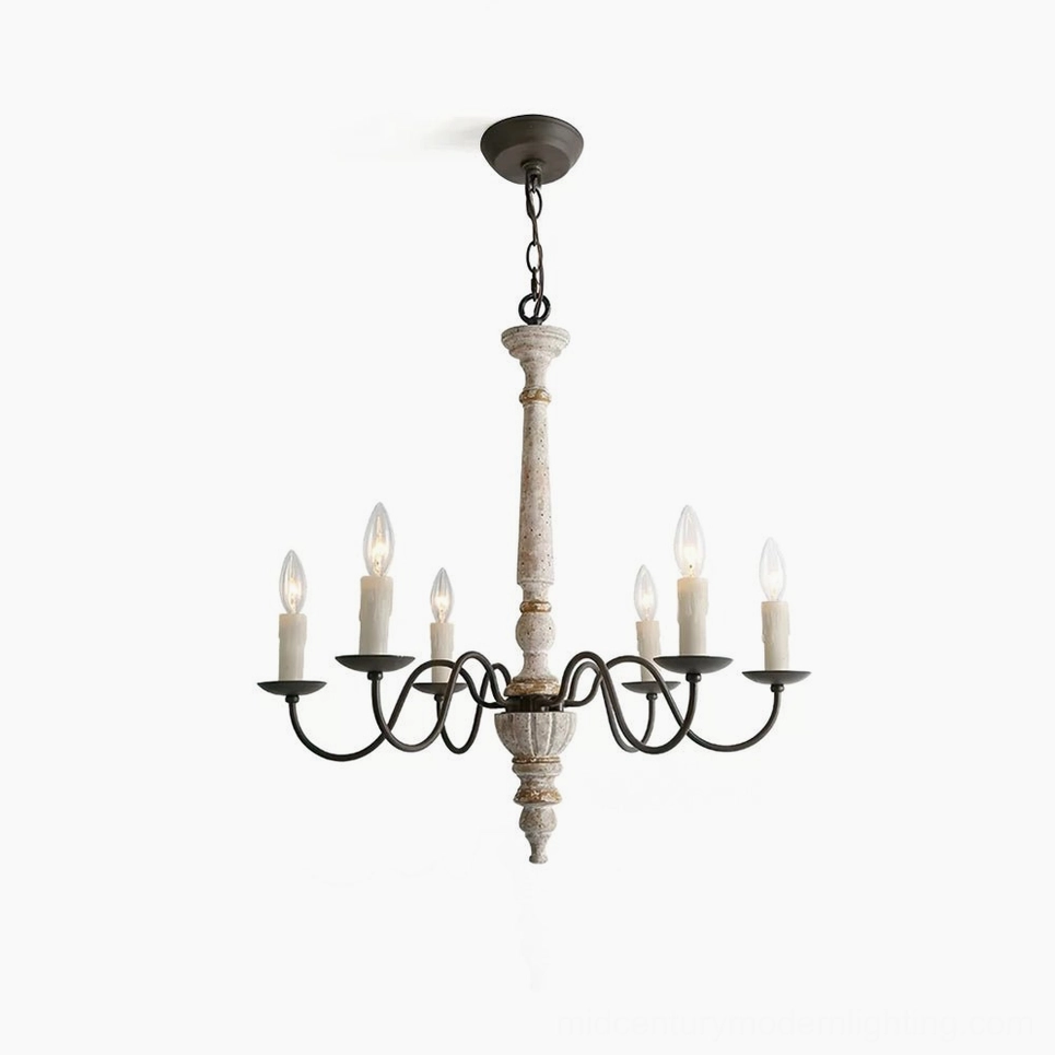 Avignon 6-light farmhouse chandelier with distressed whitewashed wood post and black curved metal arms, studio front view