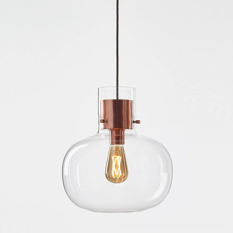Awa pendant light 22cm diameter, clear glass with rose gold fixture, small space lighting solution
