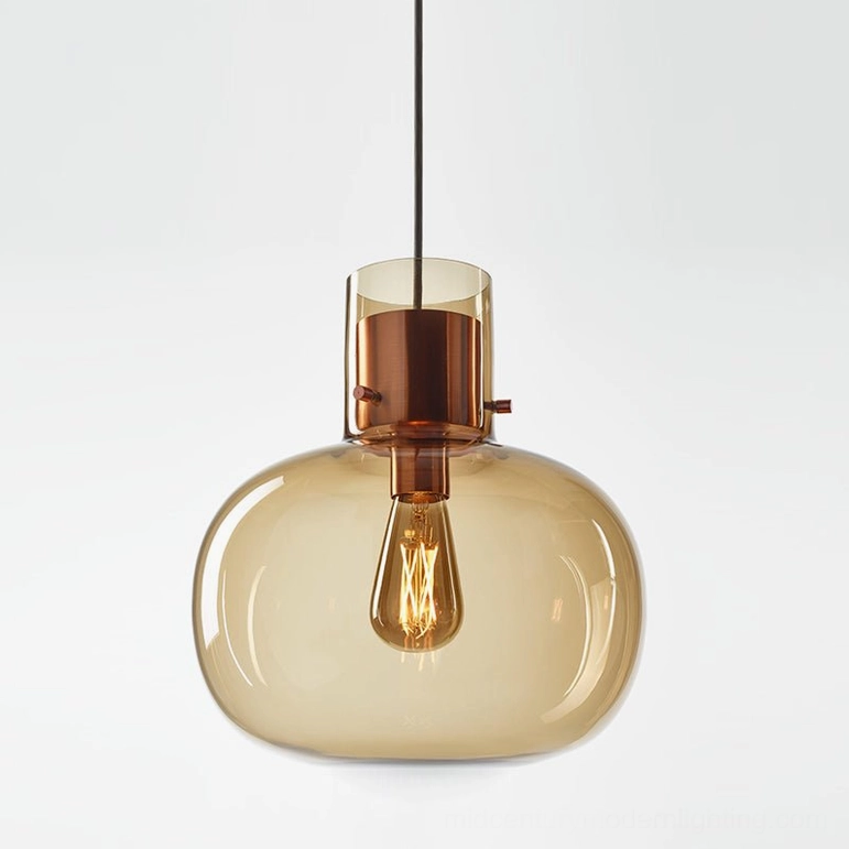 Awa pendant light 22cm diameter, cognac glass with copper metal parts, intimate warm lighting