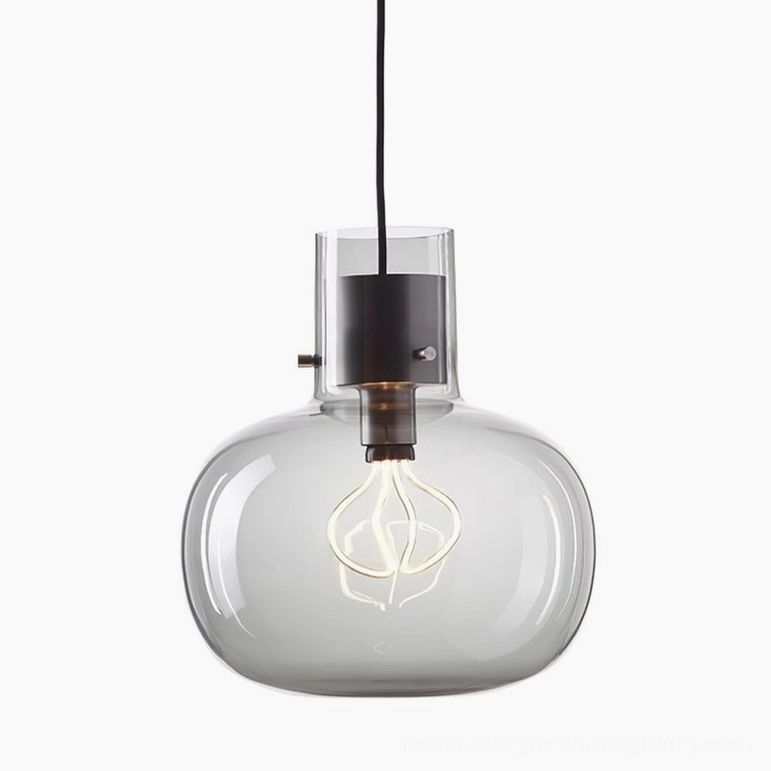 Awa pendant light 22cm diameter, smoke grey glass with black ceiling fixture, contemporary compact design