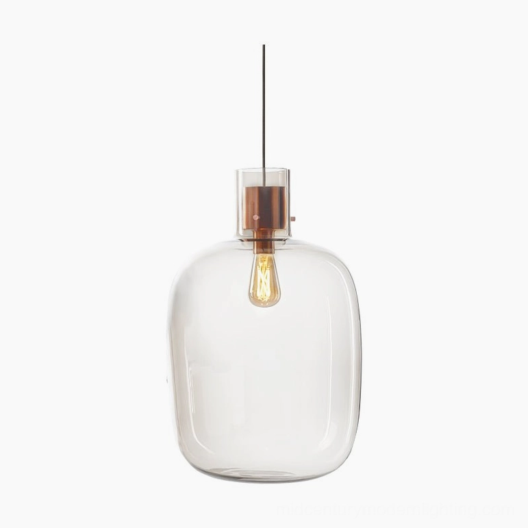 Awa pendant light 30cm diameter, clear blown glass with rose gold hardware, statement lighting piece