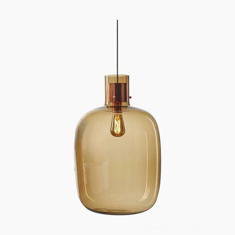 Awa pendant light 30cm diameter, cognac hand-blown glass with copper fixture, large warm ambient fixture