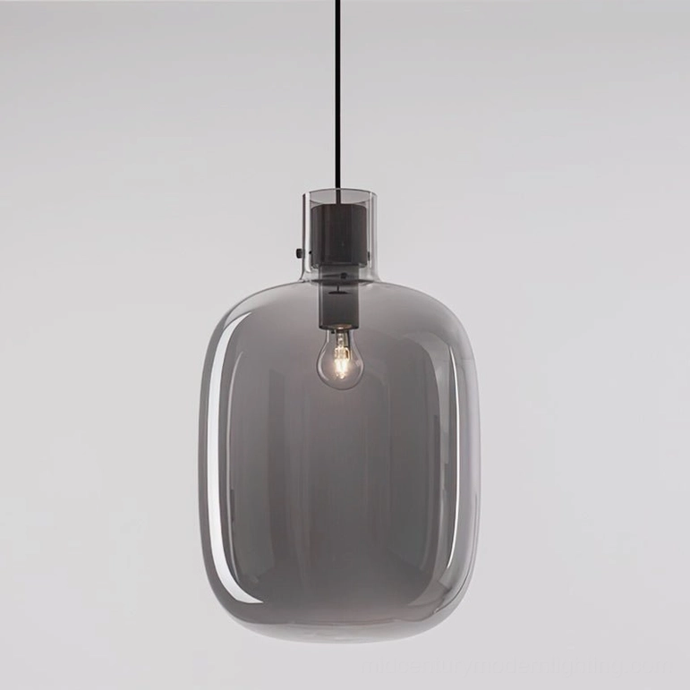 Awa pendant light 30cm diameter, smoke grey blown glass with matte black hardware, modern statement pendant