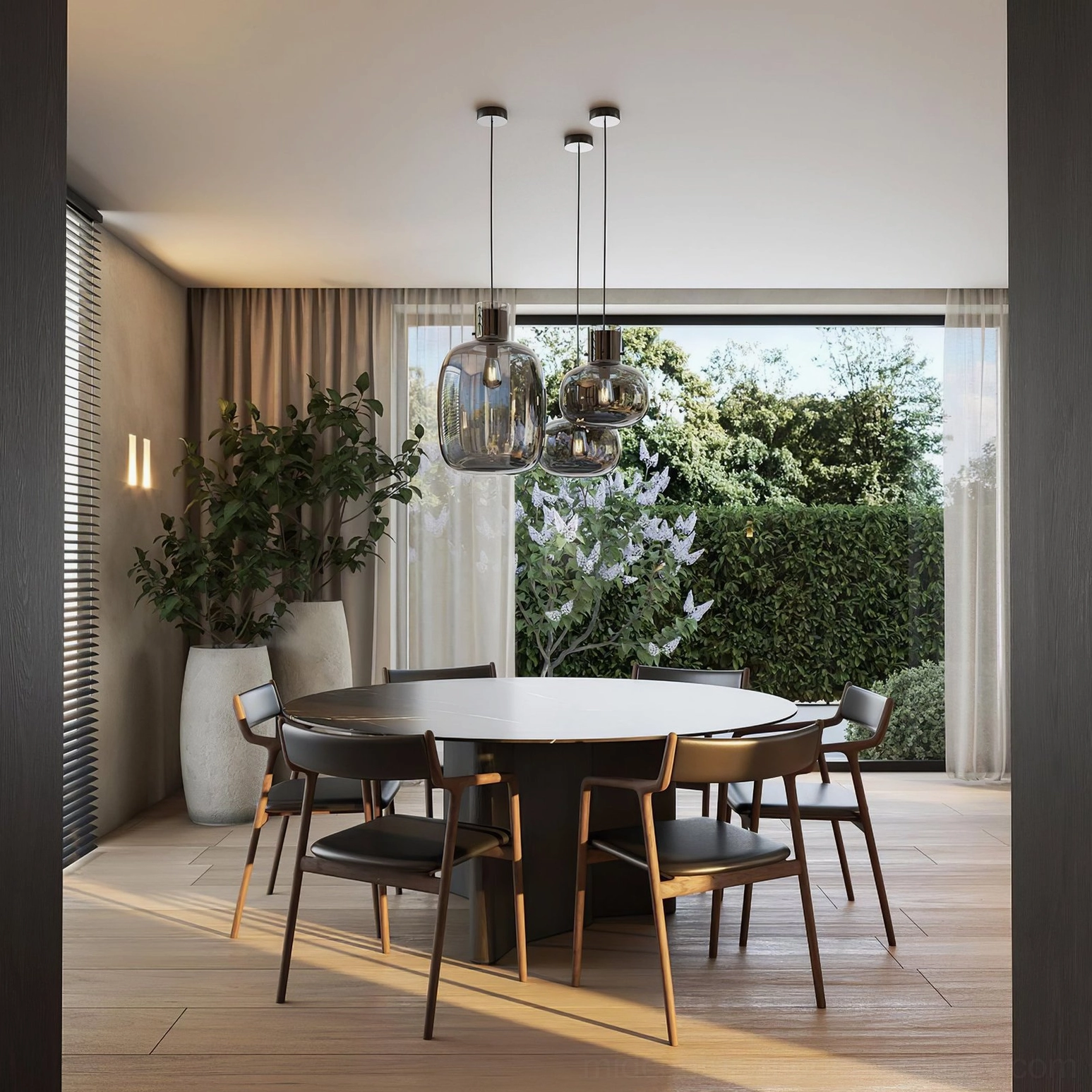 Awa pendant light clear glass shade with rose gold metal parts, bright contemporary interior design