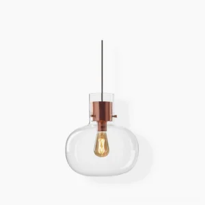 Awa pendant light with clear blown glass shade and rose gold metal fixture, minimalist modern design, flat lay studio view