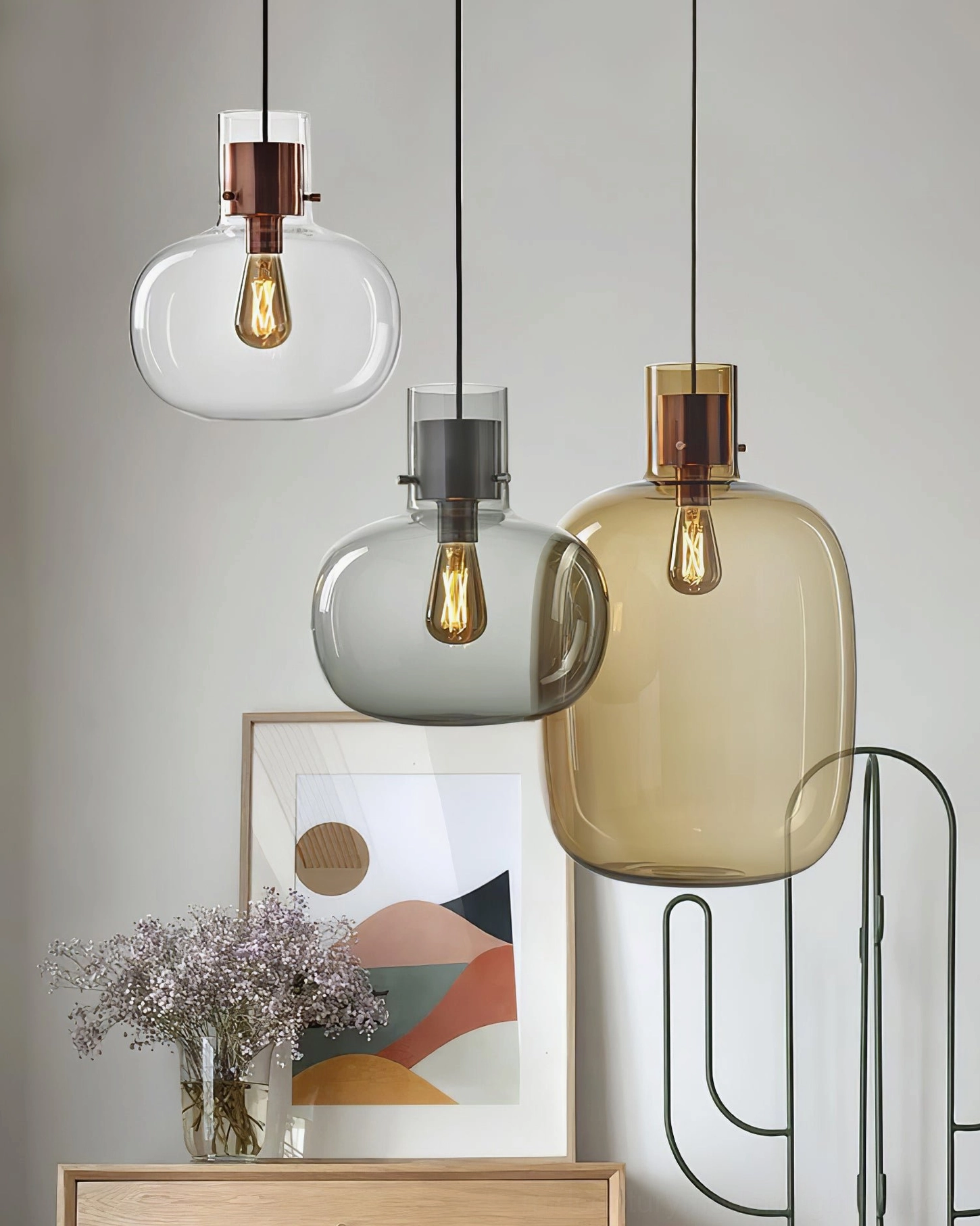 Awa pendant light metal fixture and suspension wire, modern ceiling mount installation hardware