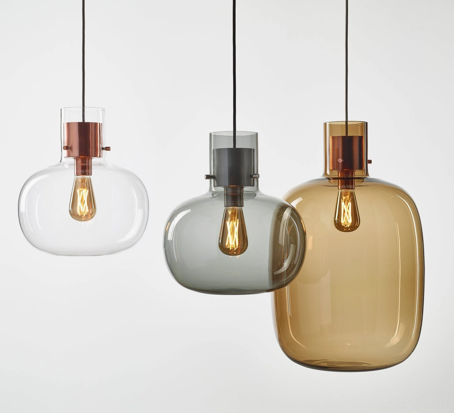 Awa pendant light in mid-century modern interior setting, hand-blown glass with vintage bulb
