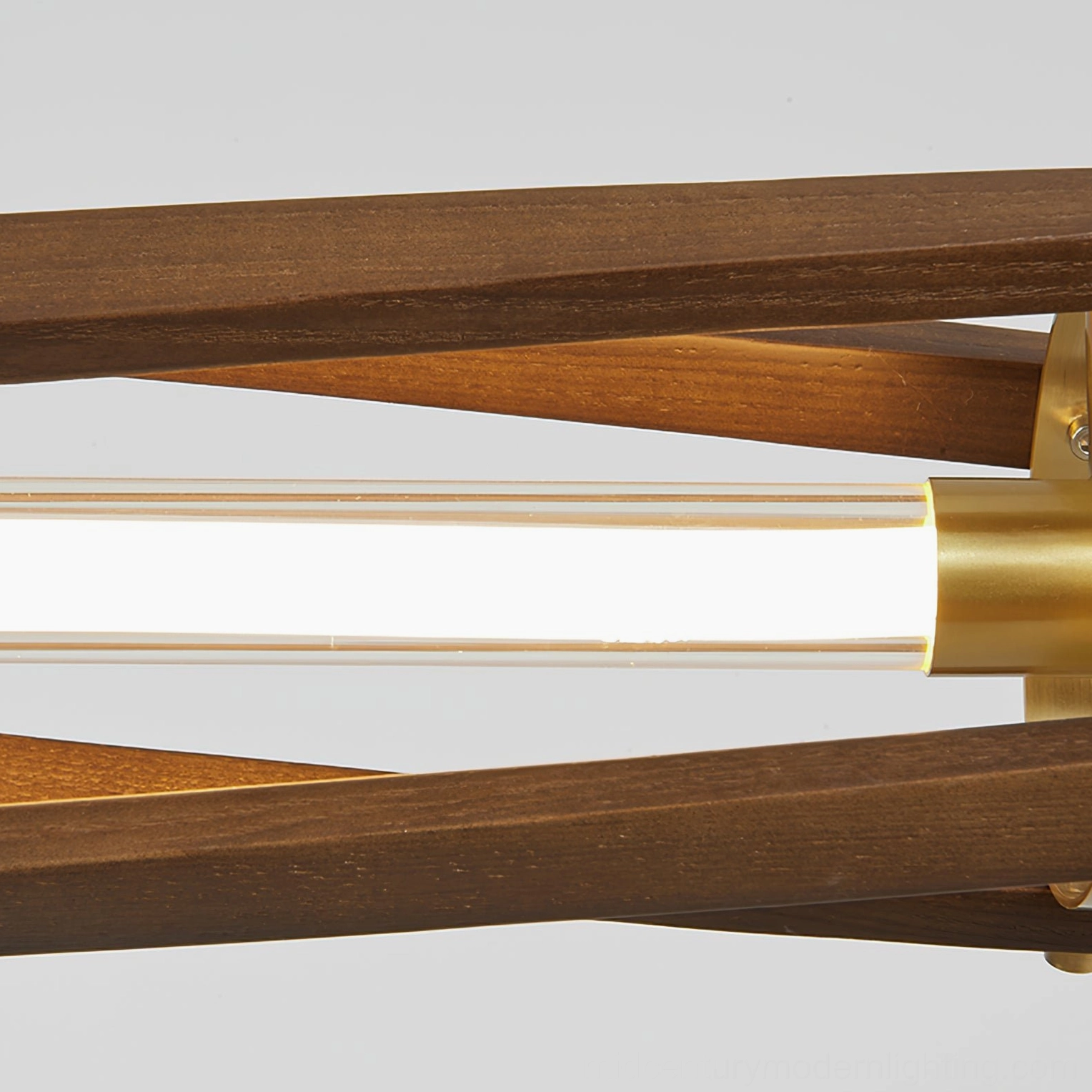 Integrated LED light strip and brass fixture close-up of Axis wood chandelier showing warm light output