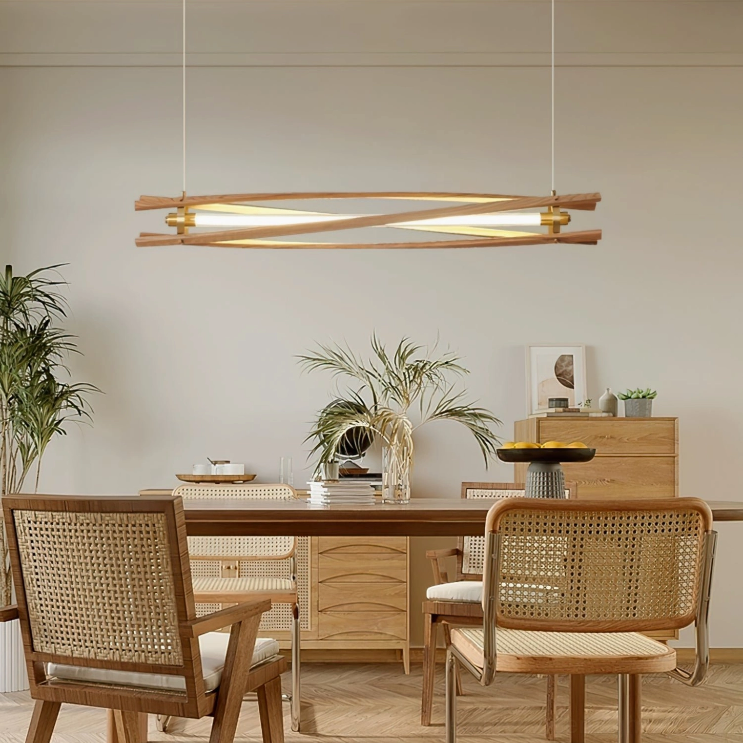 Modern wood pendant light in warm-toned home dining space with potted green plants and natural ambiance