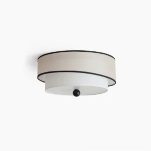 Axis ceiling light with natural plant fiber shade and black edge trim, frontal view on white background